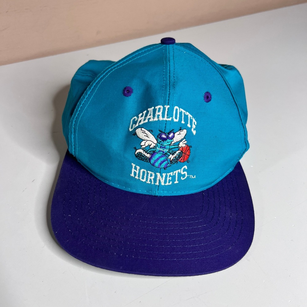 Vintage Charlotte Hornets Snapback Hat 90s‎ NBA Front Row Teal Purple Cap OSFA